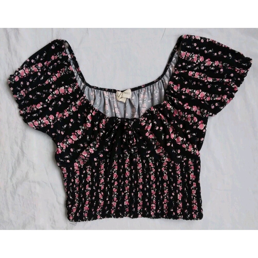 DEREK HEART Floral Cropped Top Short Sleeve Smocked Peasant Boho Women's Size M